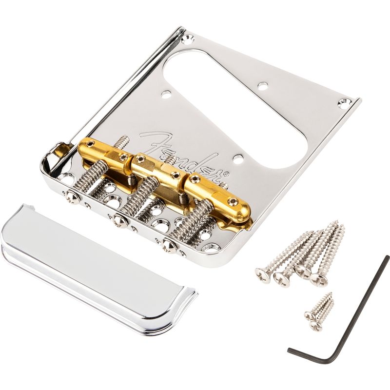 Foto van Fender 3-saddle top-load / string-through tele bridge gitaarbrug met gecompenseerde messing bullet brugzadels