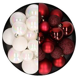 Foto van Kerstballen 60x stuks - mix donkerrood/parelmoer wit - 4-5-6 cm - kunststof - kerstbal