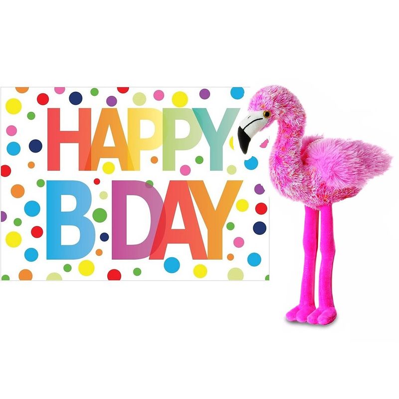 Foto van Pluche knuffel flamingo 20 cm met a5-size happy birthday wenskaart - vogel knuffels