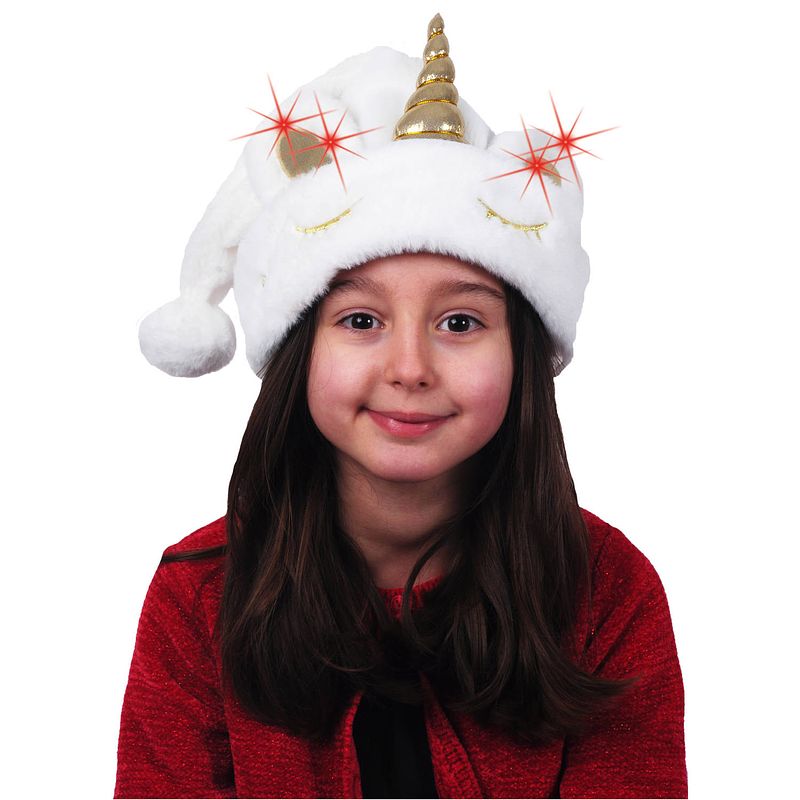 Foto van Kerstmutsen - 2x stuks - wit - eenhoorn - met licht - voor kinderen - kerstmutsen