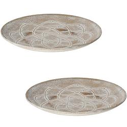Foto van Set van 2x stuks rond kaarsenbord/kaarsenplateau whitewash hout met motief 29 cm - kaarsenplateaus