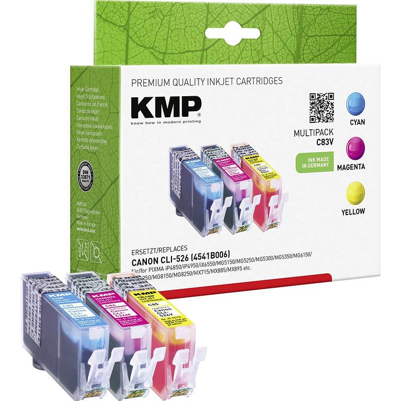 Foto van Kmp inkt vervangt canon cli-526 compatibel combipack cyaan, magenta, geel c83v 1515,0050