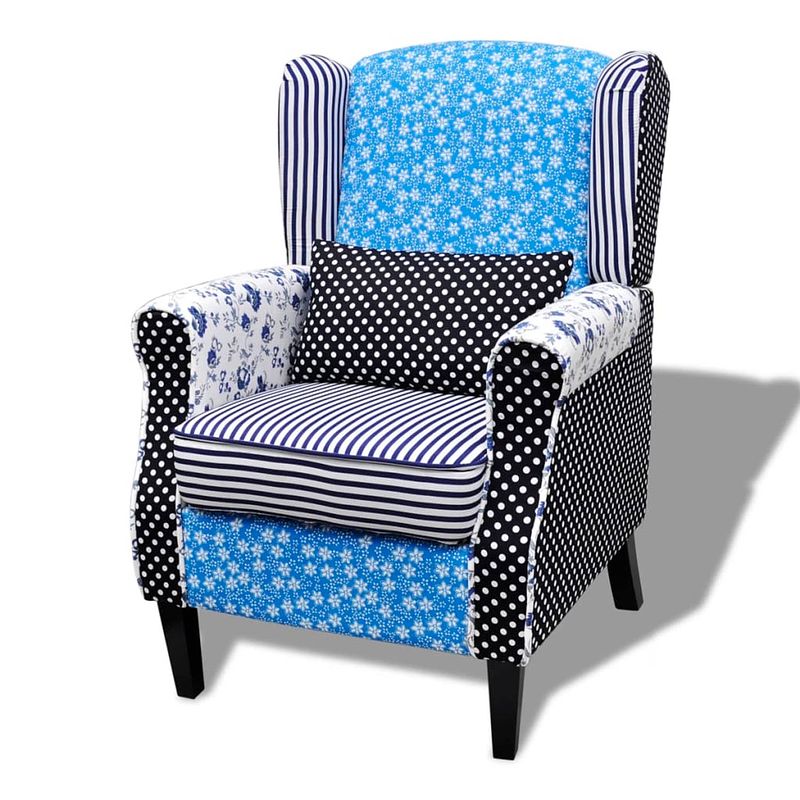 Foto van The living store fauteuil landelijk blauw/wit patchwork - 68x73x101 cm - houten frame