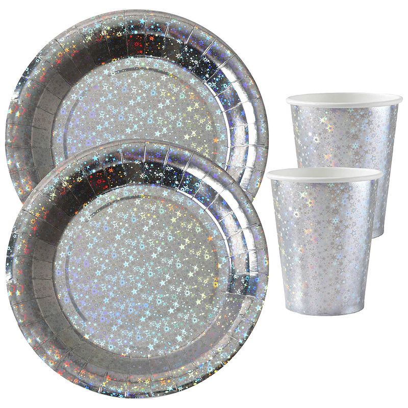 Foto van Feest wegwerp servies set - glitter - 20x bordjes / 20x bekers - zilver - feestpakketten