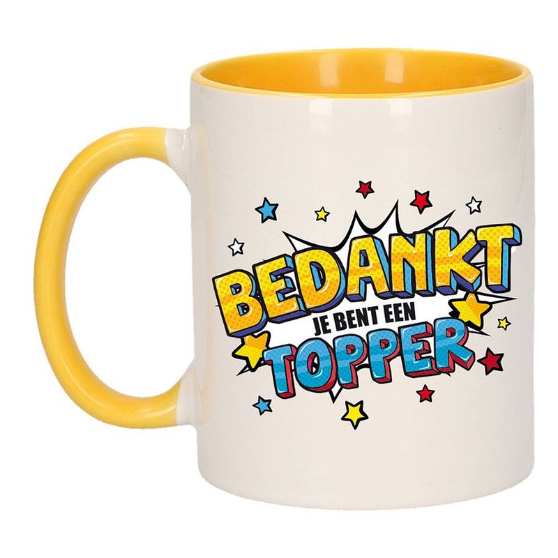 Foto van Bedankt topper cadeau mok / beker wit en geel 300 ml - feest mokken