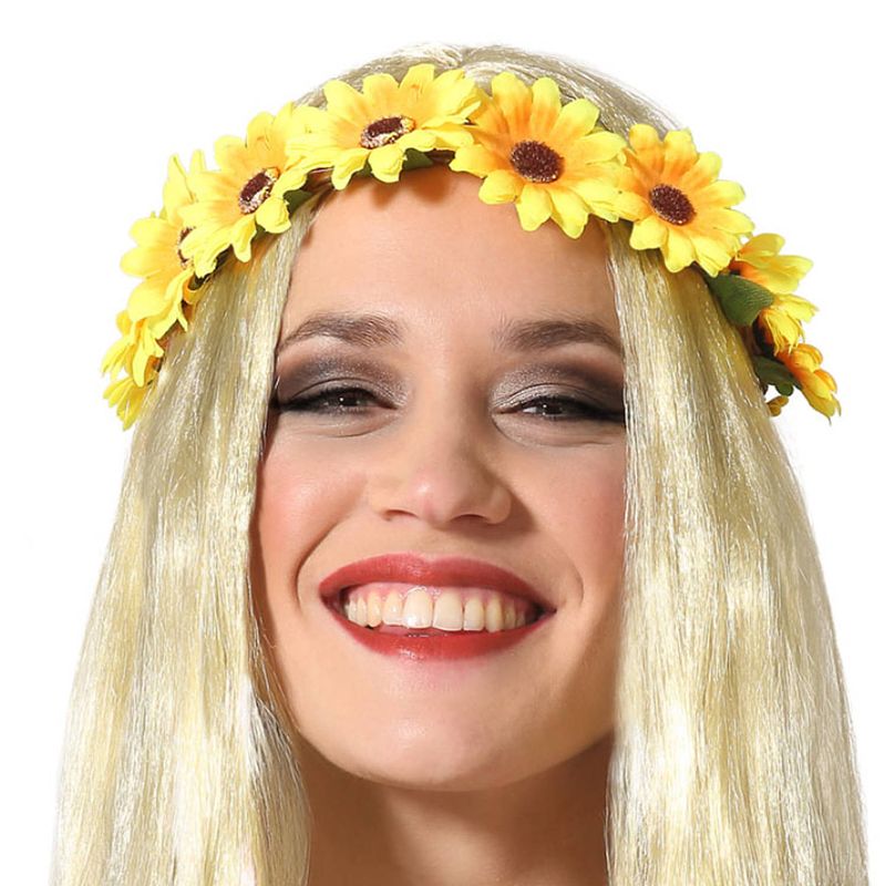 Foto van Atosa verkleed haarband met bloemen - geel - meisjes/dames - hippie/flower power - verkleedhaardecoratie