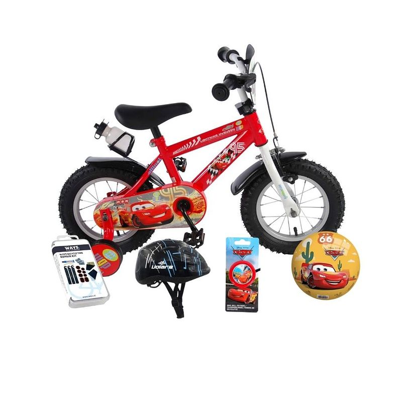 Foto van Volare kinderfiets disney cars - 12 inch - doortrapper - met bidonhouder - inclusief fietshelm + accessoires