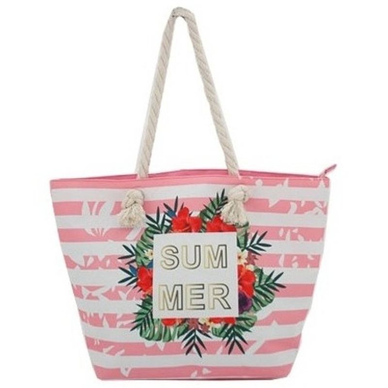 Foto van Strandtas roze/wit summer 54 cm - strandtassen