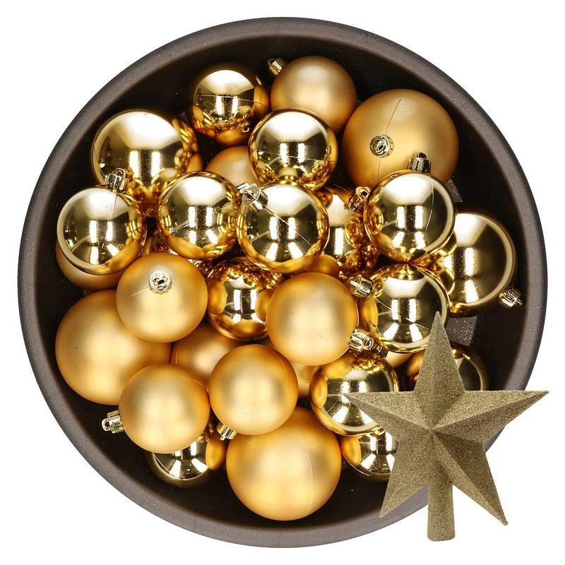 Foto van Kerstversiering kunststof kerstballen met piek goud 6-8-10 cm pakket van 45x stuks - kerstbal