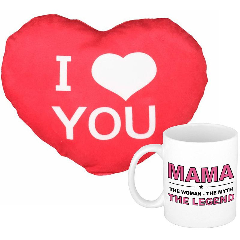 Foto van Mama the legend mok/beker 300 ml wit incl. sierkussentje hart vorm 12 cm - feest mokken