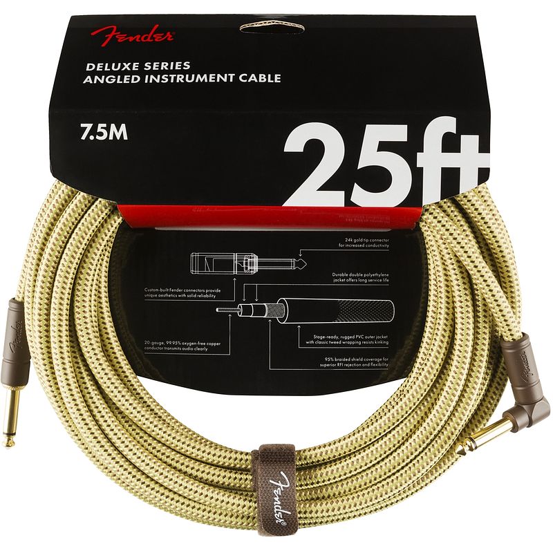 Foto van Fender deluxe cables instrumentkabel 7.5m geel recht+haaks