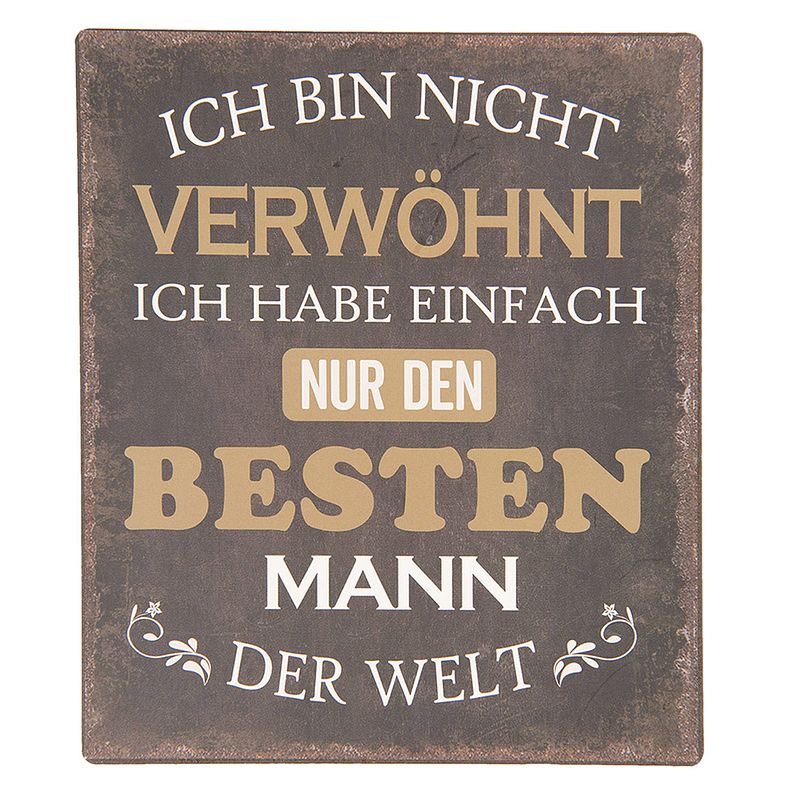 Foto van Clayre & eef tekstbord 13x15 cm zwart bruin ijzer besten mann der welt wandbord spreuk wandplaat zwart wandbord spreuk