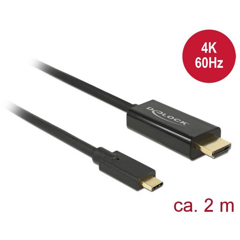 Foto van Delock usb-c® / hdmi adapterkabel usb-c® stekker, hdmi-a stekker 2.00 m zwart 85291 vergulde steekcontacten usb-c®-displaykabel