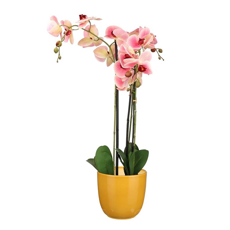 Foto van Orchidee kunstplant roze - 75 cm - inclusief bloempot okergeel glans - kunstplanten