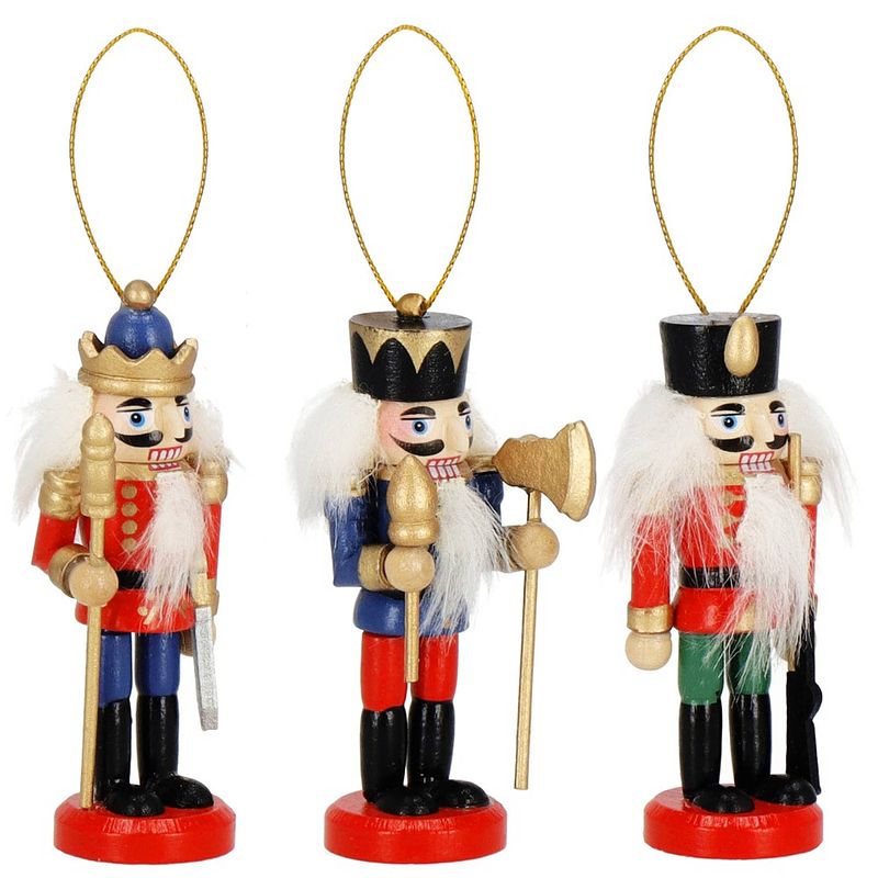 Foto van Notenkraker kerst houten soldaat kerstversiering 3 stuks multicolor 8 cm