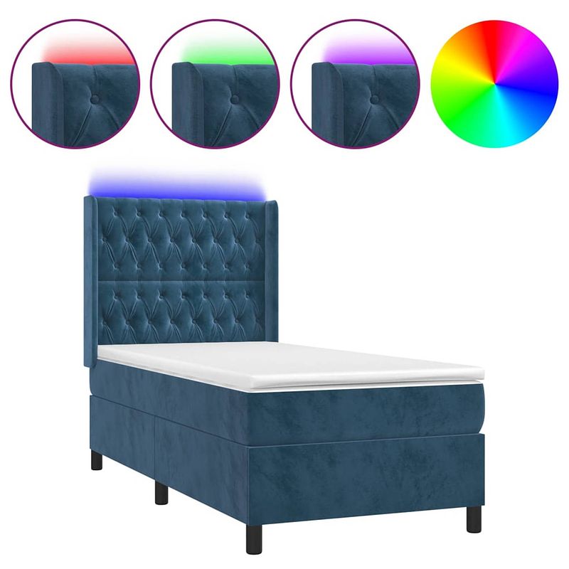 Foto van The living store boxspring - fluweel - 203 x 103 x 118/128 cm - donkerblauw - led