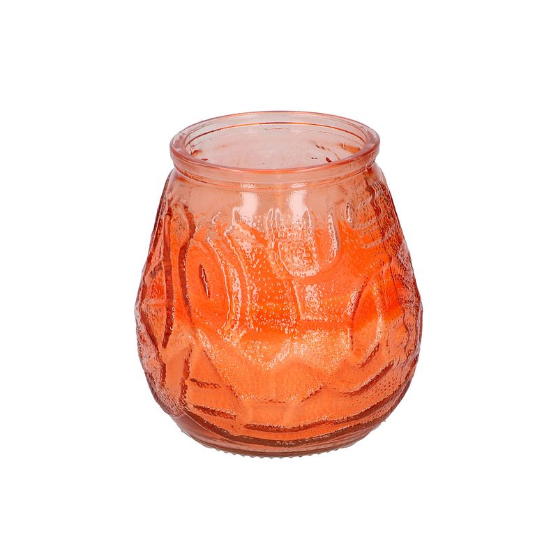 Foto van 1x citronella lowboy tafelkaarsen 10 cm oranje glas - geurkaarsen