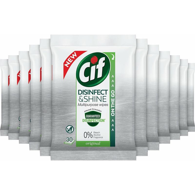 Foto van Cif schoonmaakproduct disinfect & shine multi use voordeelverpakking 12 x 30 pc
