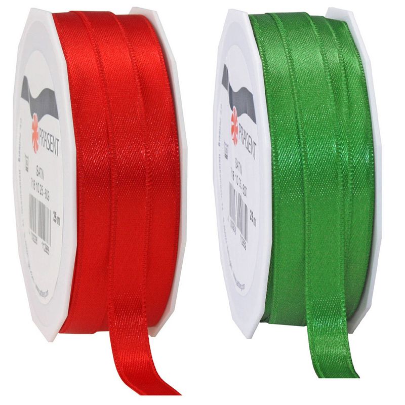 Foto van 2x rollen satijn sierlint/cadeaulint - groen en rood - 1 cm x 25m p/rol - cadeaulinten