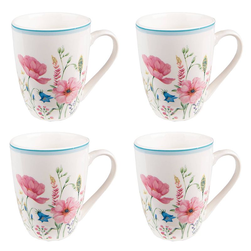 Foto van Haes deco - mokken set van 4 - 12x8x10 cm / 360 ml - met bloemen - perky poppies