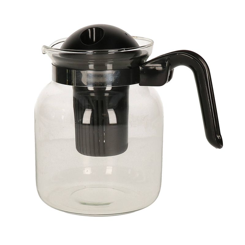 Foto van Glazen transparante theepot 1,5 liter met zwart filter - theepotten