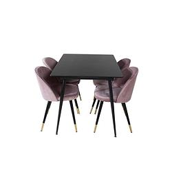 Foto van Silarblext eethoek eetkamertafel uitschuifbare tafel lengte cm 120 / 160 zwart en 4 velvet eetkamerstal velours roze,