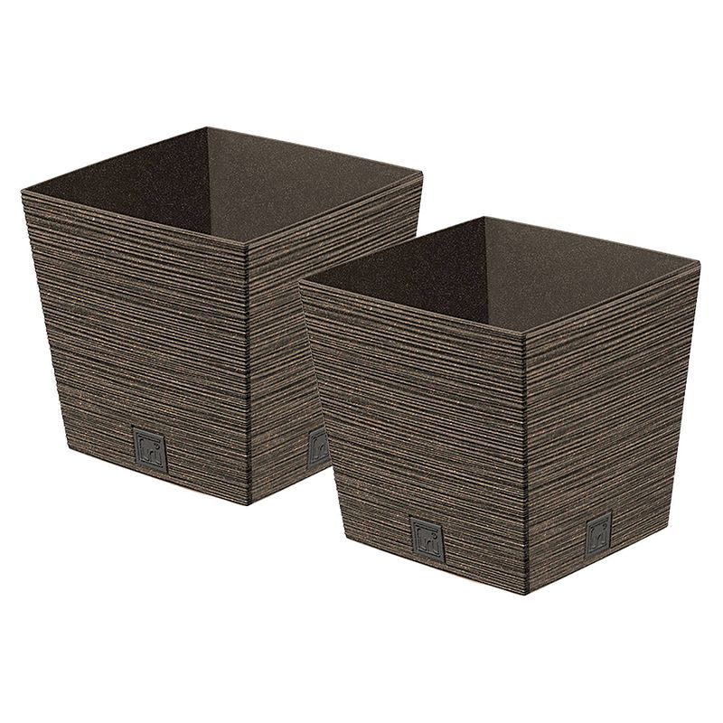 Foto van Prosperplast plantenpot/bloempot - 2x - buiten - kunststof - donkerbruin - eco wood look - d29 x h29 cm - plantenpotten