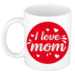 Foto van I love mom/ mama cadeau mok / beker wit cirkel met hartjes 300 ml - feest mokken