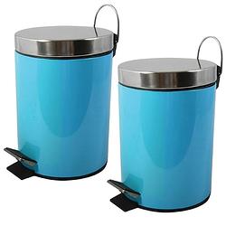 Foto van Msv prullenbak/pedaalemmer - 2x - metaal - turquoise blauw - 5l - 20 x 28 cm - badkamer/toileta - pedaalemmers