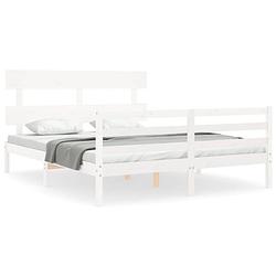 Foto van The living store massief grenenhouten bedframe - wit - 205.5 x 155.5 x 81 cm - multiplex lattenbodem - hoofd- en