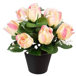 Foto van Louis maes kunstbloemen klein boeketje rozen in pot - creme/lichtroze - h25 cm - bloemstuk - bladgroen - kunstbloemen