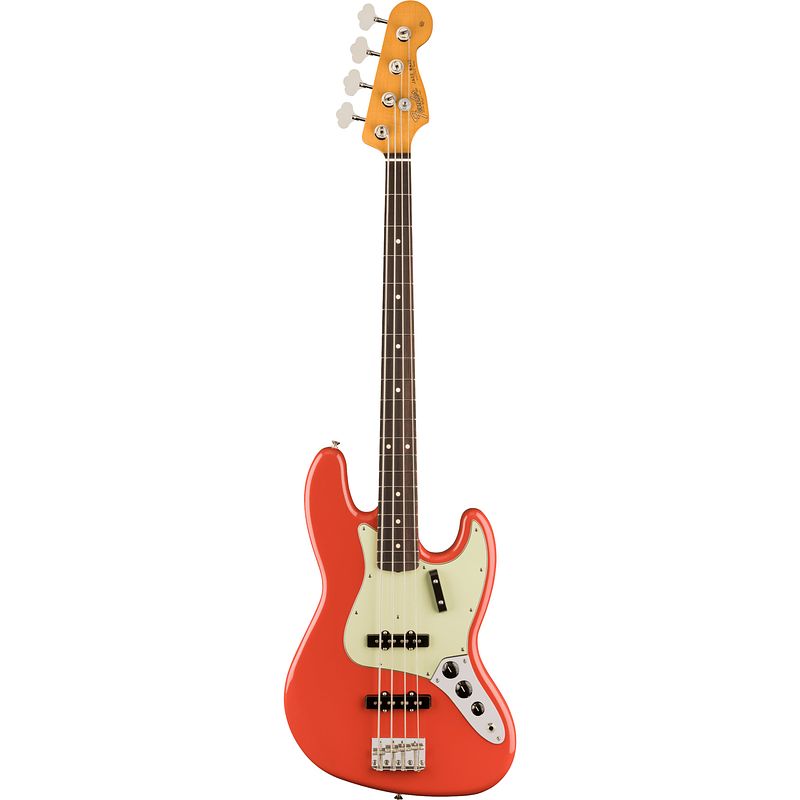 Foto van Fender vintera ii 60s jazz bass rw fiesta red elektrische basgitaar met deluxe gigbag