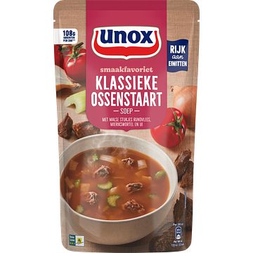 Foto van 2 zakken soep a 570 ml, pakken cupasoup a 3 stuks of single verpakkingen noodles of pasta | unox smaakfavoriet soep in zak klassieke ossenstaart 570ml aanbieding bij jumbo