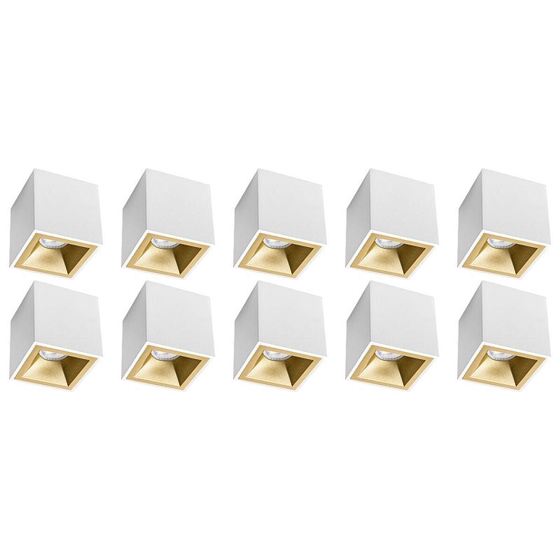 Foto van Opbouwspot 10 pack - pragmi cliron pro - gu10 fitting - opbouw vierkant - mat wit/goud - aluminium - verdiept - ø90mm