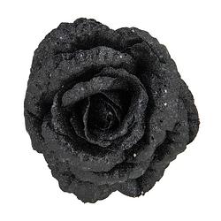 Foto van 1x stuks decoratie bloemen roos zwart glitter op clip 18 cm - kersthangers