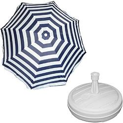 Foto van Parasol - blauw/wit - d120 cm - incl. draagtas - parasolvoet - 42 cm - parasols