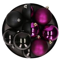 Foto van Decoris kerstballen - 12x st - 8 cm - zwart en paars - kunststof - kerstbal