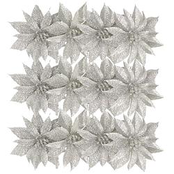 Foto van 12x stuks glitter decoratie bloemen op clip zilver 9.5 cm - kunstbloemen