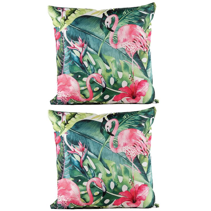 Foto van 2x stuks bank/sier kussens met flamingo/bloemenprint voor binnen en buiten 45 x 45 cm tuinkussens vo - sierkussens