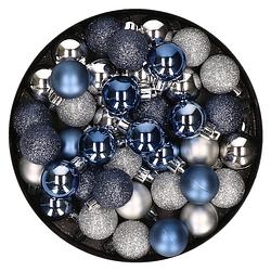 Foto van Kleine kunststof kerstversiering 40x stuks set en 3 cm kerstballen in het zilver en donkerblauw - kerstbal