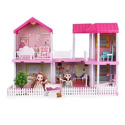 Foto van Ecotoys 156-delig opvouwbaar poppenhuis met meubels, poppen en led lamp 68.8 x 39.5 x 51.5 cm roze