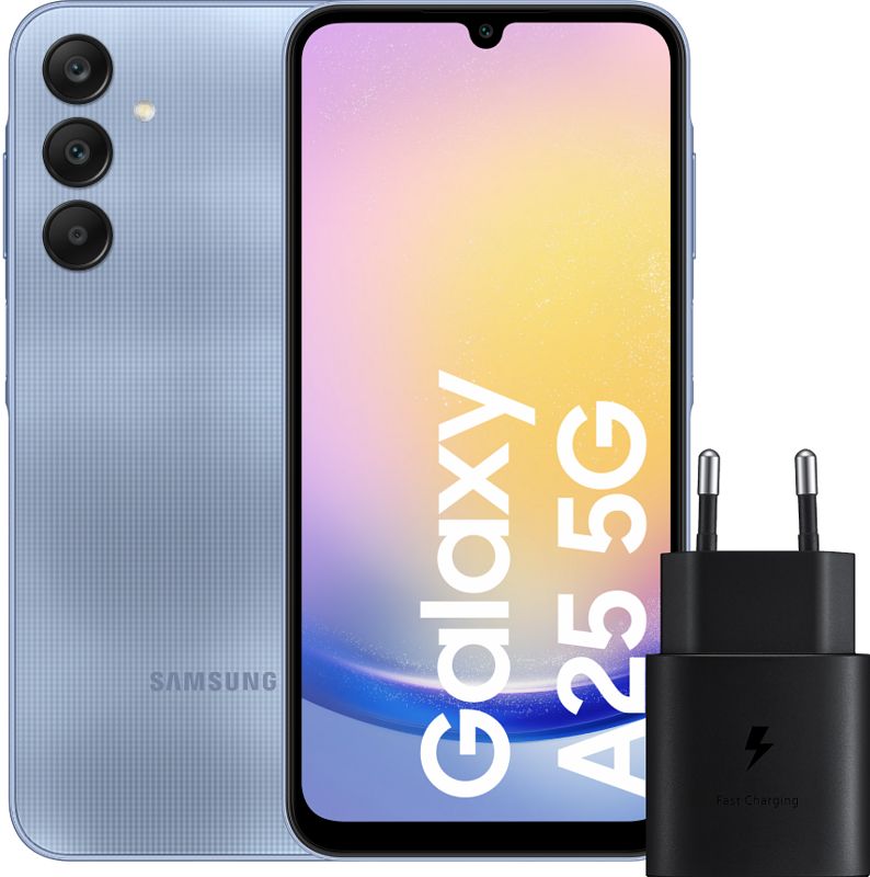 Foto van Samsung galaxy a25 128gb blauw 5g + samsung oplader 25 watt zwart