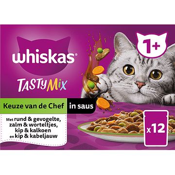 Foto van Whiskas 1+ natvoer tasty mix keuze van de chef in saus maaltijdzakjes multipack 12 x 85g bij jumbo