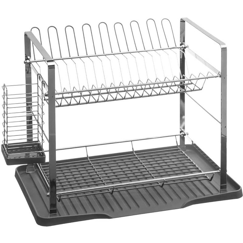 Foto van Luxe afdruiprek/afwasrek 2-laags met lekbak grijs 50 x 30,5 cm van kunststof - afdruiprekken
