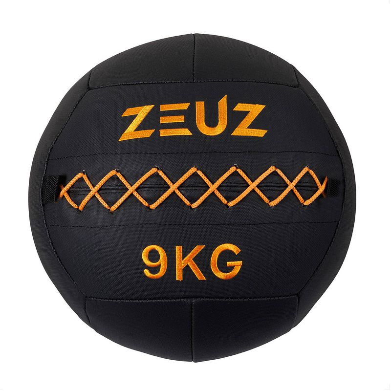 Foto van Zeuz® premium wall ball 9kg - geschikt voor crossfit & fitness - pu foam vulling & vinyl - 35 cm diamter - oranje