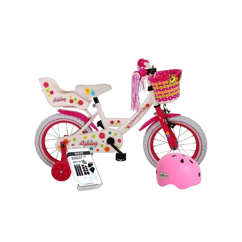 Foto van Volare kinderfiets ashley - 14 inch - rood/wit - met fietshelm en accessoires