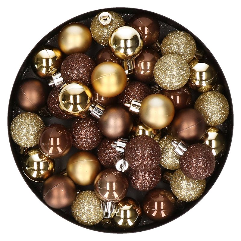 Foto van Set van 40x stuks kunststof kerstballen mix goud en donkerbruin 3 cm - kerstbal