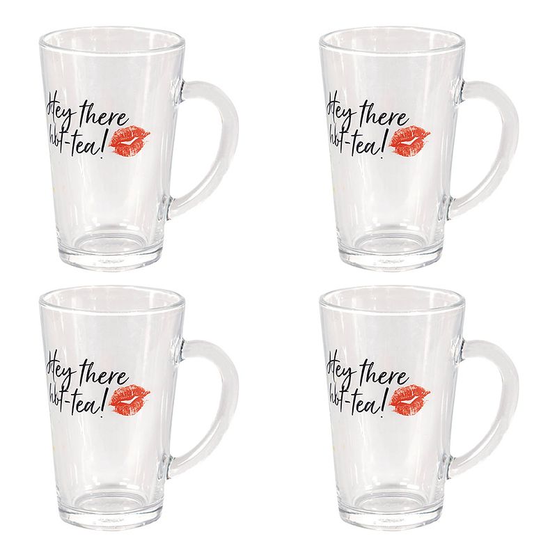 Foto van Haes deco - mokken set van 4 - 11x8x13 cm / 300 ml - met tekst "hey there hot tea!" - red lips