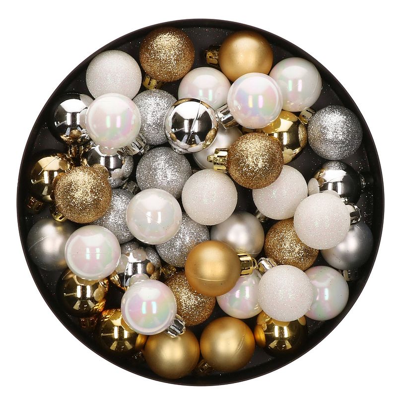 Foto van 42x stuks kunststof kerstballen mix goud/zilver/wit 3 cm - kerstbal