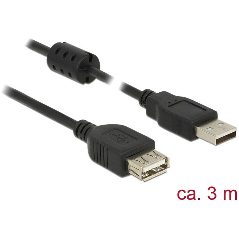 Foto van Delock usb-kabel usb 2.0 usb-a stekker, usb-a bus 3.00 m zwart met ferrietkern 84886